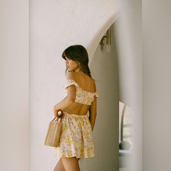 Sabo Skirt Lashara Yellow Crepe Milkmaid Floral Mini Dress coquette romantic - Picture 4 of 12